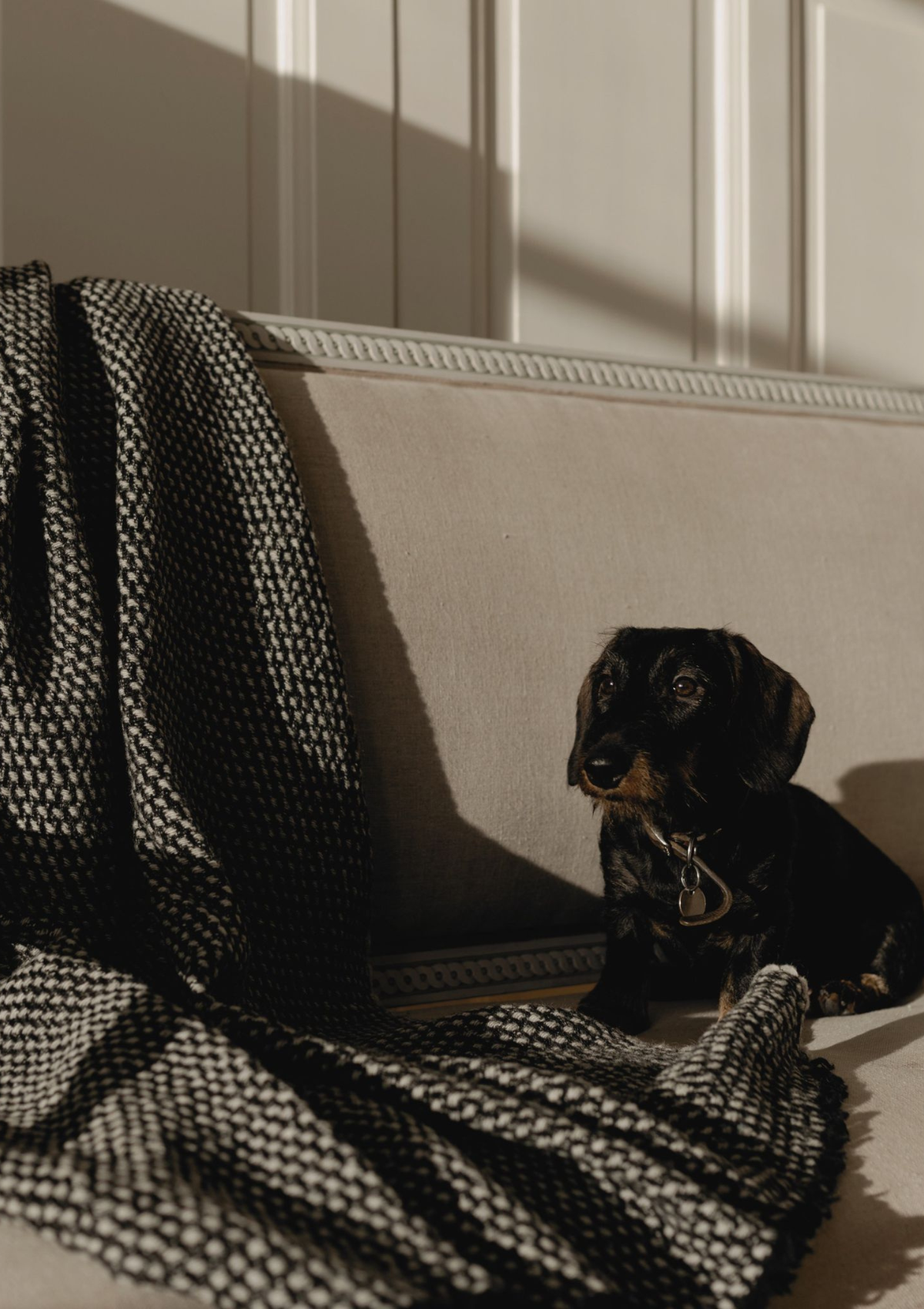 Textured pattern grey and black colored throw made out of responsible sheep wool. Manufactured in Finland.  