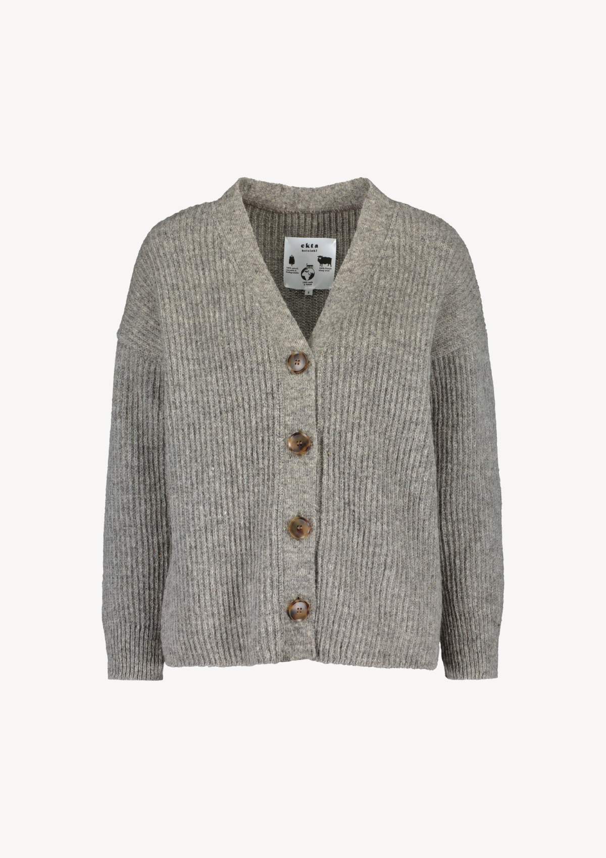 Grey cardigan made in Finland from Finnish sheep wool 