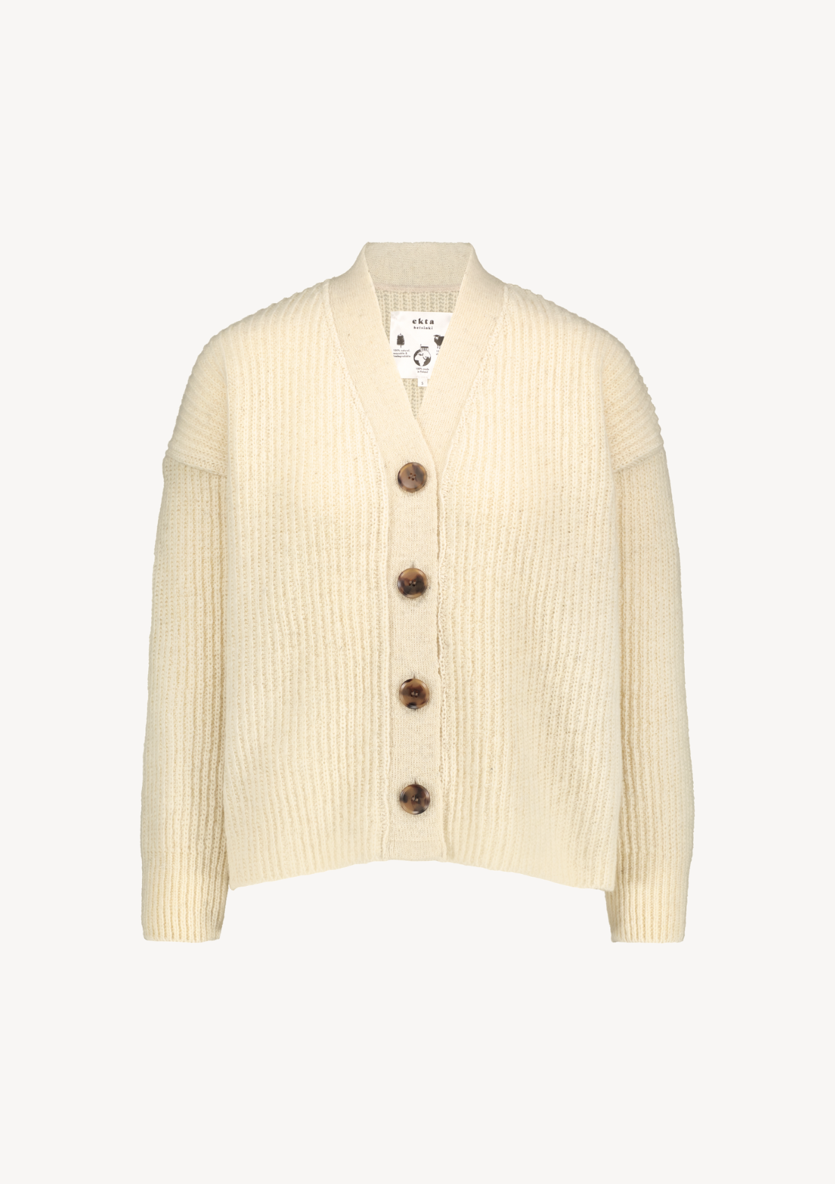 White ribbed cardigan made in Finland from Finnish sheep wool. Sustainable and ethical.  