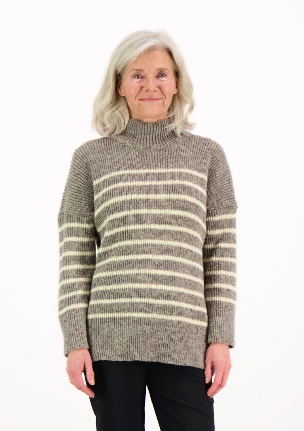 Katrine turtleneck grey striped knit made of Finnish sheep wool and manufactured responsibly in Finland. 