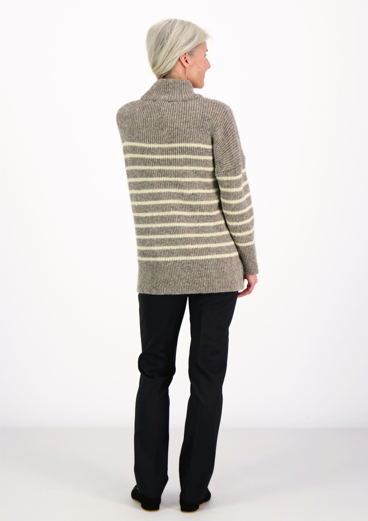 Katrine turtleneck grey striped knit made of Finnish sheep wool and manufactured responsibly in Finland. 