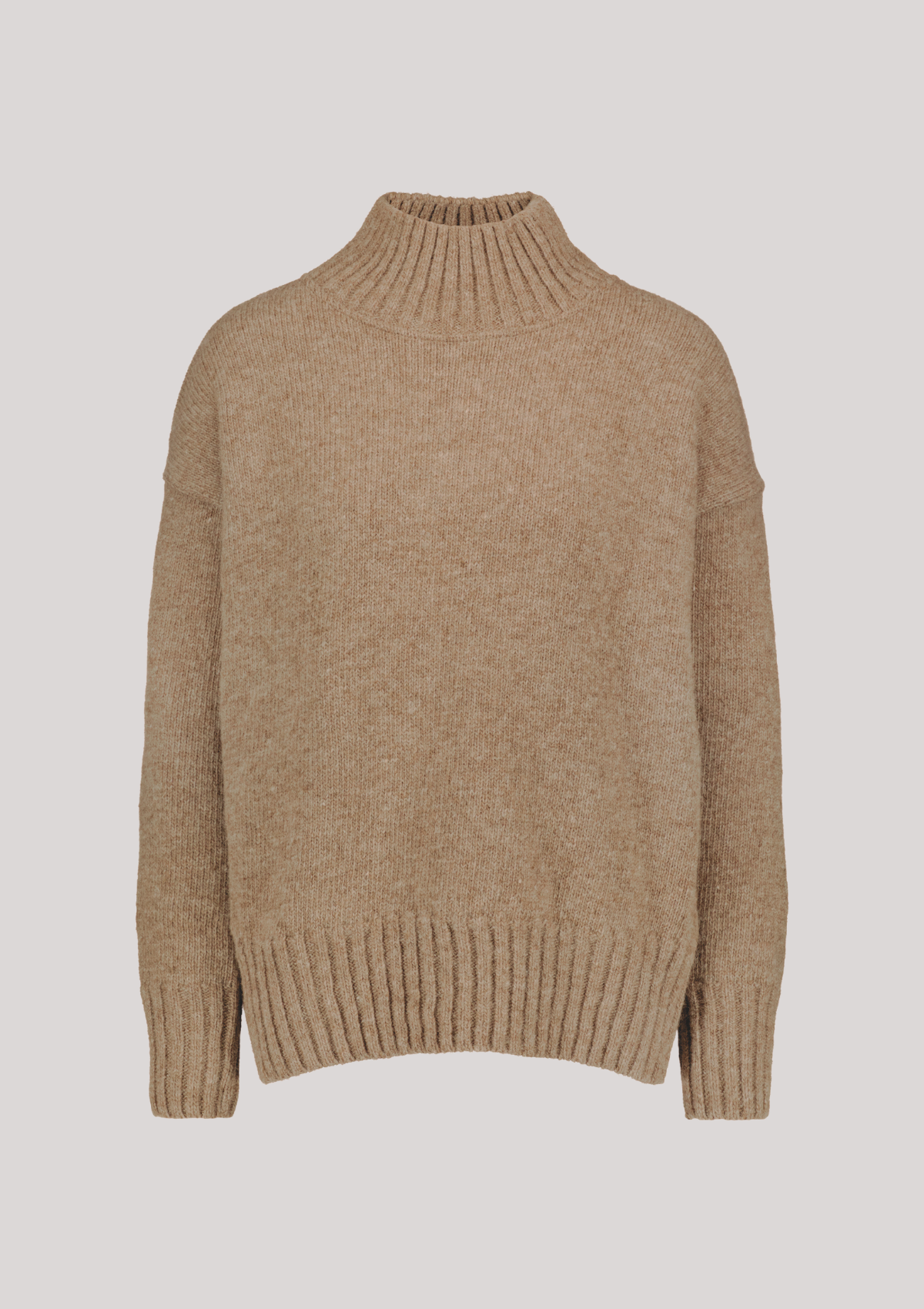 Beige responsible funnel-neck knit made out of Finnish sheep wool, manufactured in Finland.