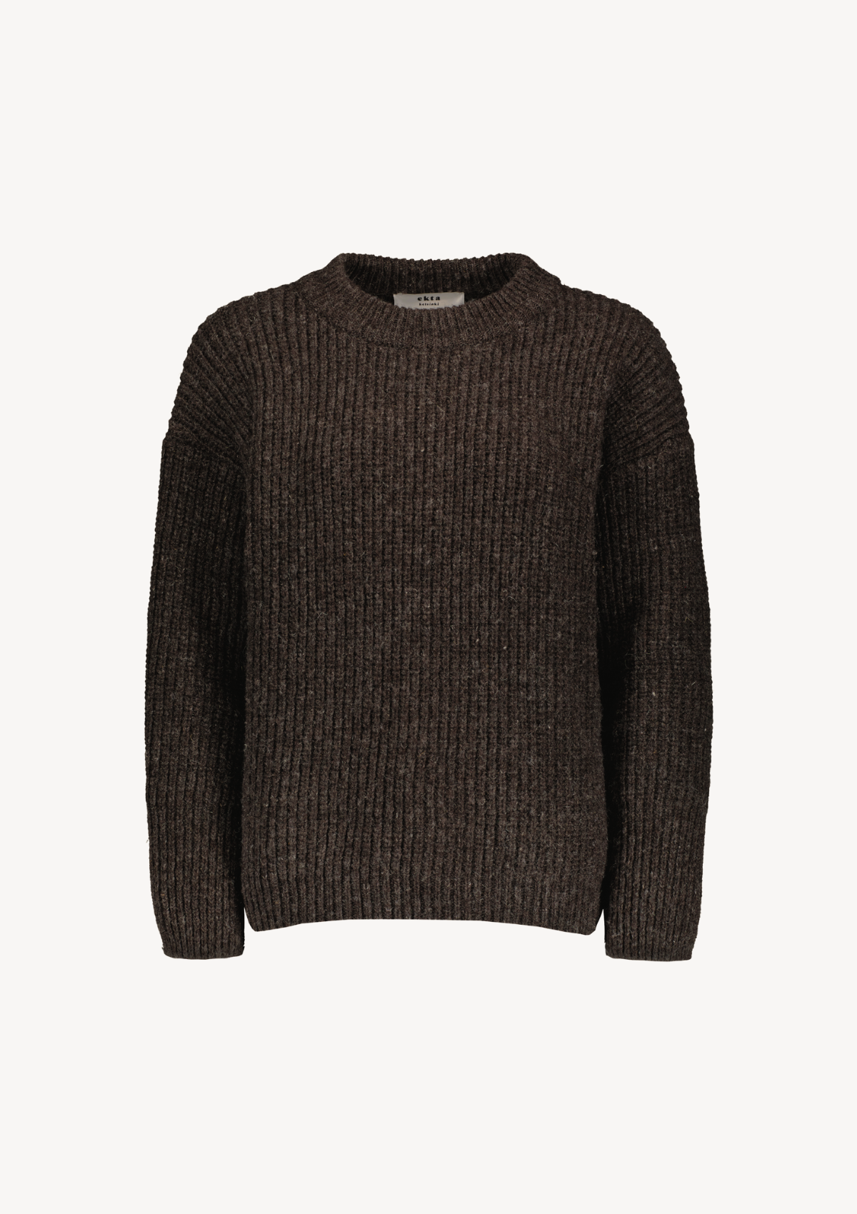 Ribbed brown o-neck knit with a relaxed fit made of Finnish sheep wool and manufactured in Finland